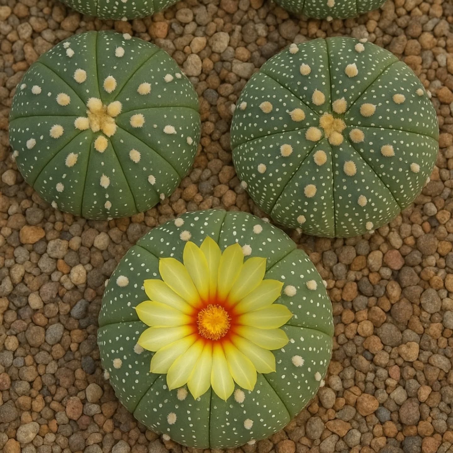 Typical Astrophytum asterias with uniform green-plus-white-fleck epidermis.