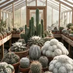 A greenhouse bench collection of seed-grown cacti and succulents showing many growth forms, from columnar San Pedro to globular barrels, pincushions and living stones