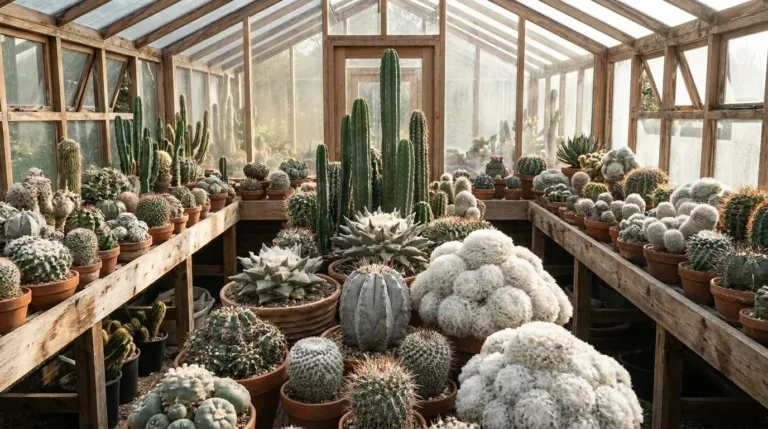 A greenhouse bench collection of seed-grown cacti and succulents showing many growth forms, from columnar San Pedro to globular barrels, pincushions and living stones