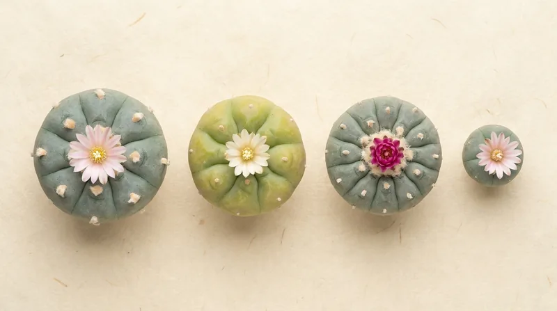 Illustration of four Lophophora species seen from above, left to right: Lophophora williamsii, Lophophora diffusa, Lophophora fricii and Lophophora alberto-vojtechii, each in flower and drawn to relative size